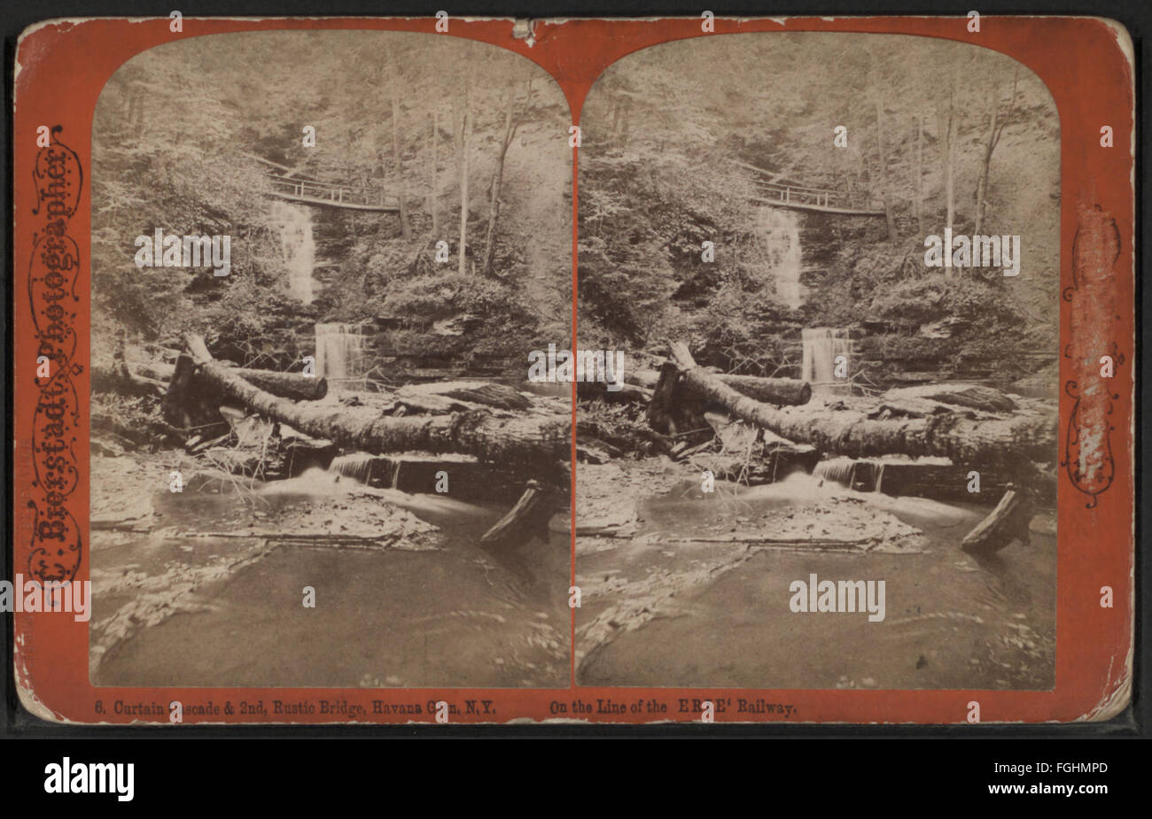 Una fotografia della collezione Robert N. Dennis che mostra Curtain Cascade a l'Avana Glen, New York. L'immagine cattura la cascata e il suo drammatico flusso simile a una tenda. Foto Stock