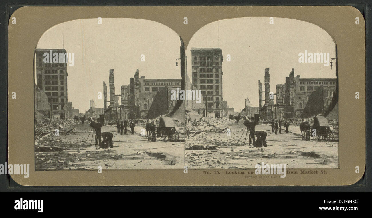 Foto scattata da Market Street, guardando su Grant Avenue, che cattura il paesaggio urbano e la vita di strada della città del XIX secolo. Foto Stock