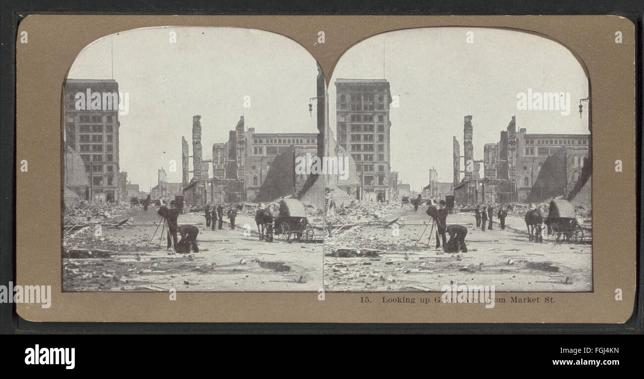 Una vista stereoscopica dalla collezione Robert N. Dennis che mostra Grant Avenue da Market Street, catturando la vivace strada della città e il paesaggio urbano. Foto Stock