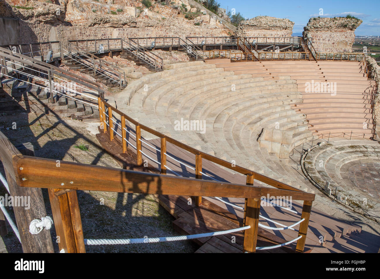 Teatro romano di Medellin, Spagna. Alta Vista dalla tribuna Foto Stock