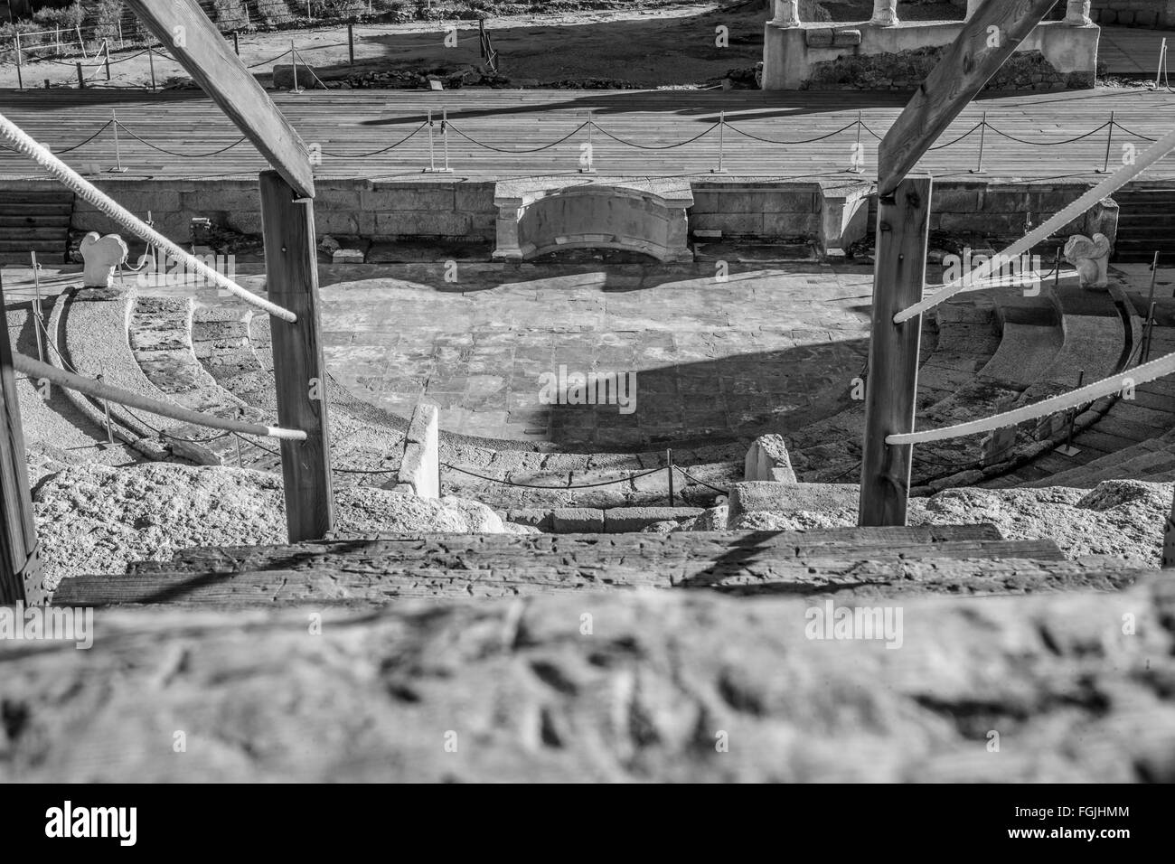 Teatro romano di Medellin, Spagna. Alta Vista dalla tribuna dello stadio Foto Stock