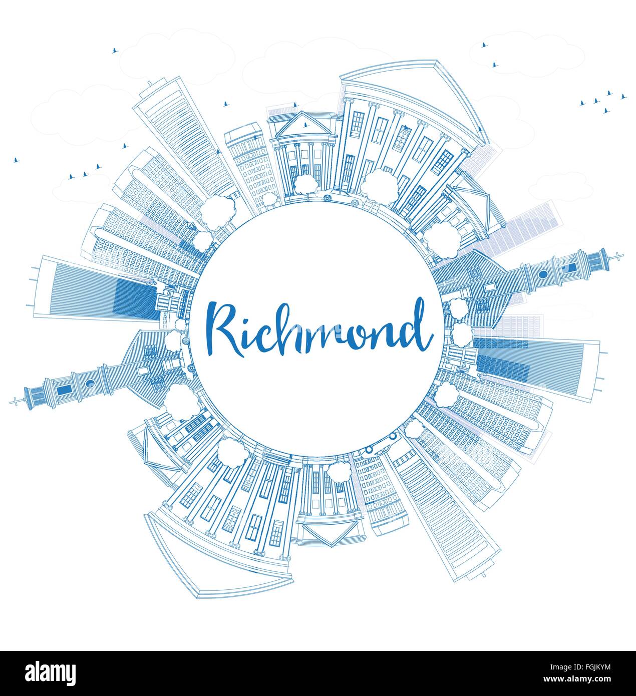 Outline (Richmond Virginia) Skyline con edifici blu e copia di spazio. Illustrazione Vettoriale. Viaggi di affari e turismo Concept Illustrazione Vettoriale
