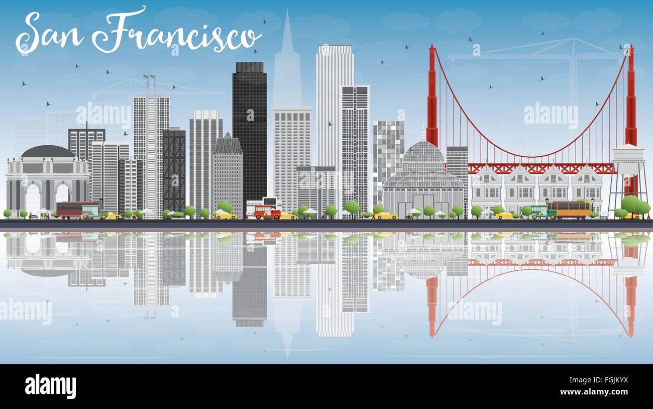 Skyline di San Francisco con edifici grigi, cielo blu e di riflessione. Illustrazione Vettoriale. Viaggi di affari e turismo Concept Illustrazione Vettoriale