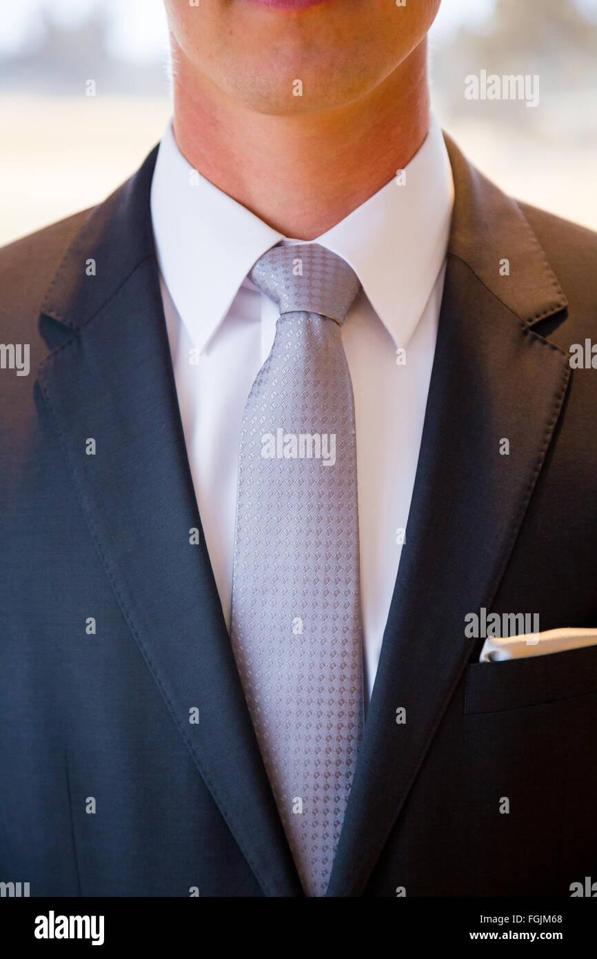 Lo sposo che indossa una cravatta per il suo giorno di nozze con un elegante quartiere alla moda di indossare giacca e cravatta. Foto Stock
