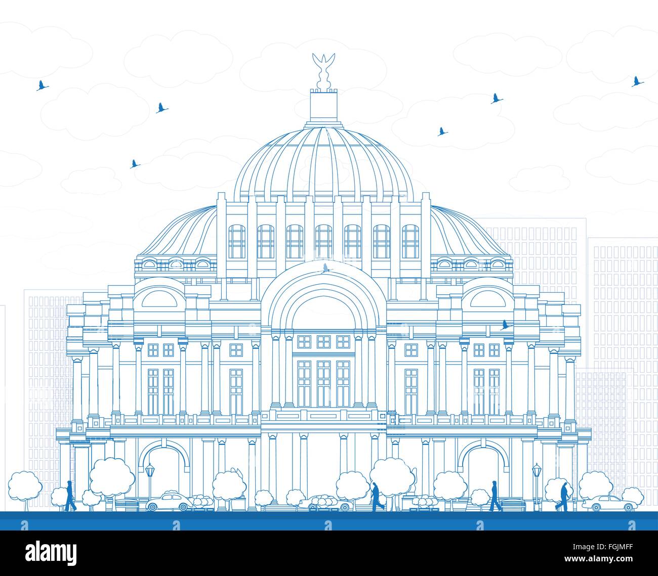 Delineare il Palazzo delle Belle Arti/Palacio de Bellas Artes di Città del Messico. Illustrazione Vettoriale. Illustrazione Vettoriale