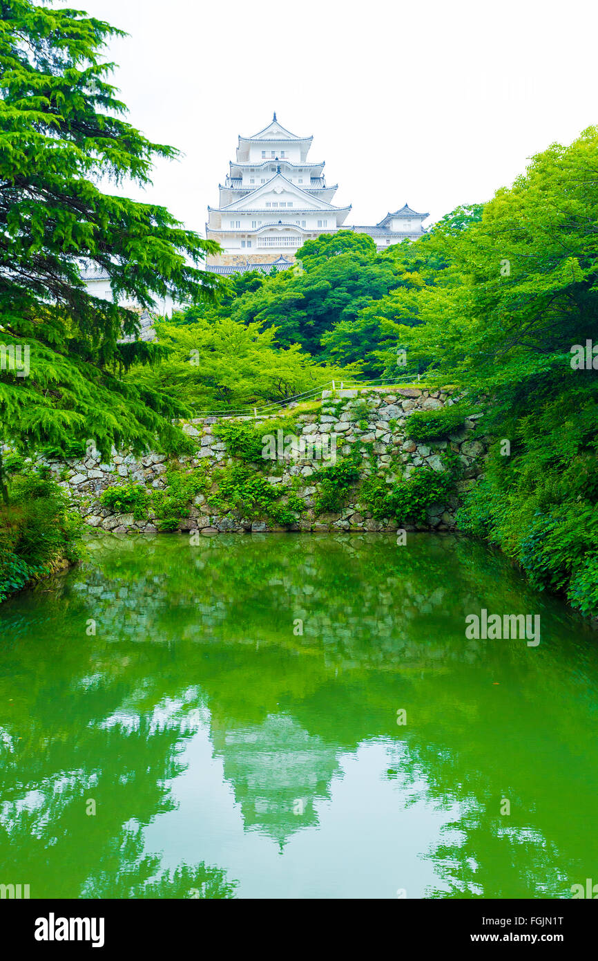 Himeji-jo il Castello si riflette nel verde acqua del fossato circostante durante nuvoloso giorno Himeji, Giappone dopo 2015 Rinnovo fi Foto Stock