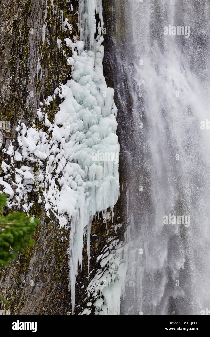 Salt Creek Falls su Willamette Pass in Oregon vicino a Eugene durante l inverno con ghiaccio e acqua congelata cristalli dietro il waterf Foto Stock