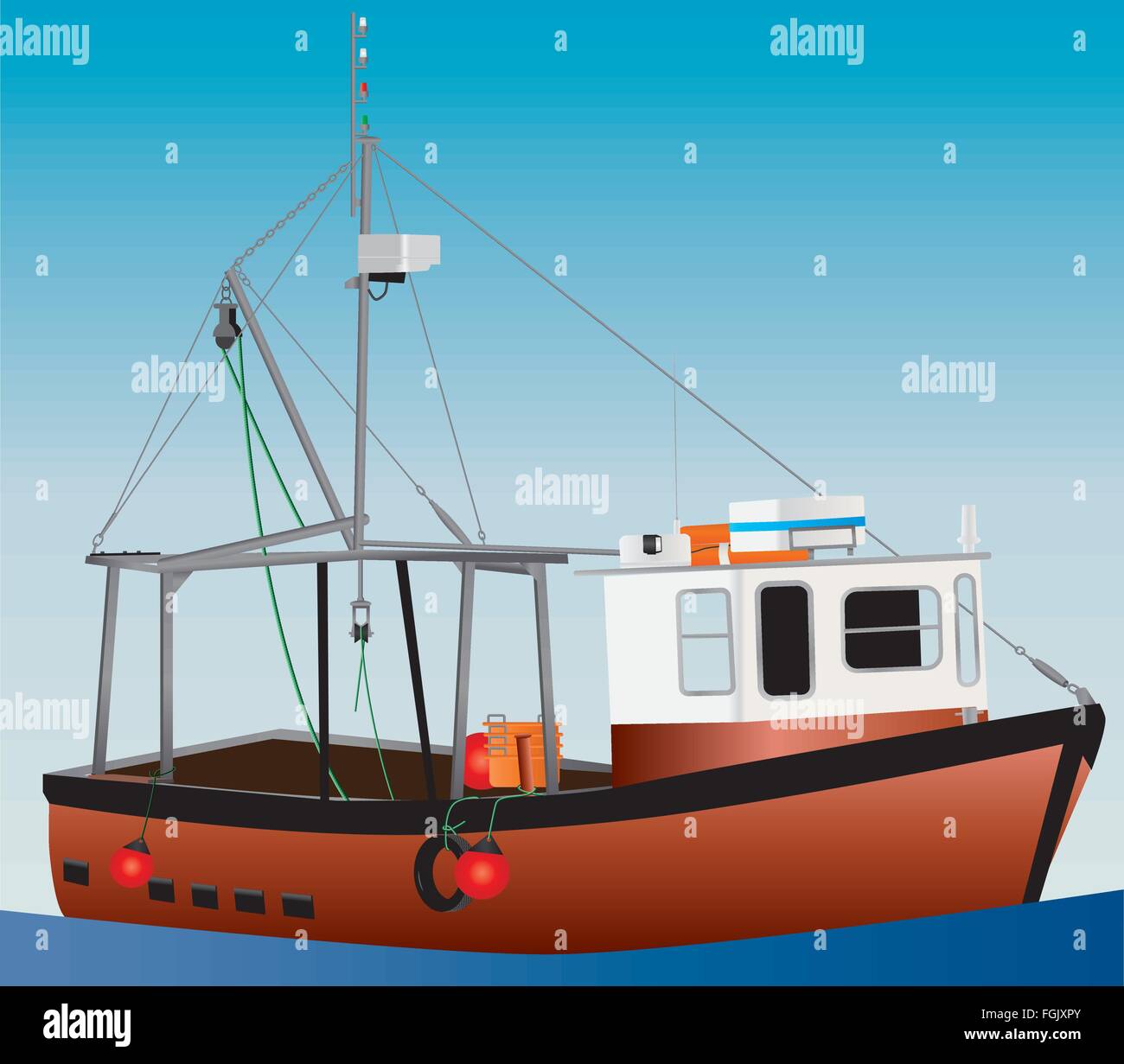 Una illustrazione dettagliata di un arancio e bianco in acque costiere barca da pesca con reti verricelli e zattere di salvataggio ed un cielo blu sullo sfondo di un mare calmo Illustrazione Vettoriale