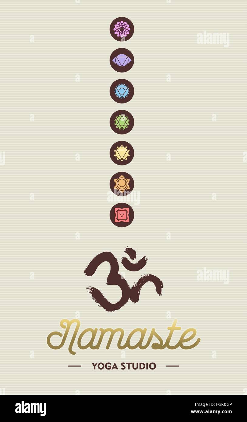 Namaste yoga studio modello concettuale per il business con le icone di chakra e om calligraphy elemento. EPS10 vettore. Illustrazione Vettoriale