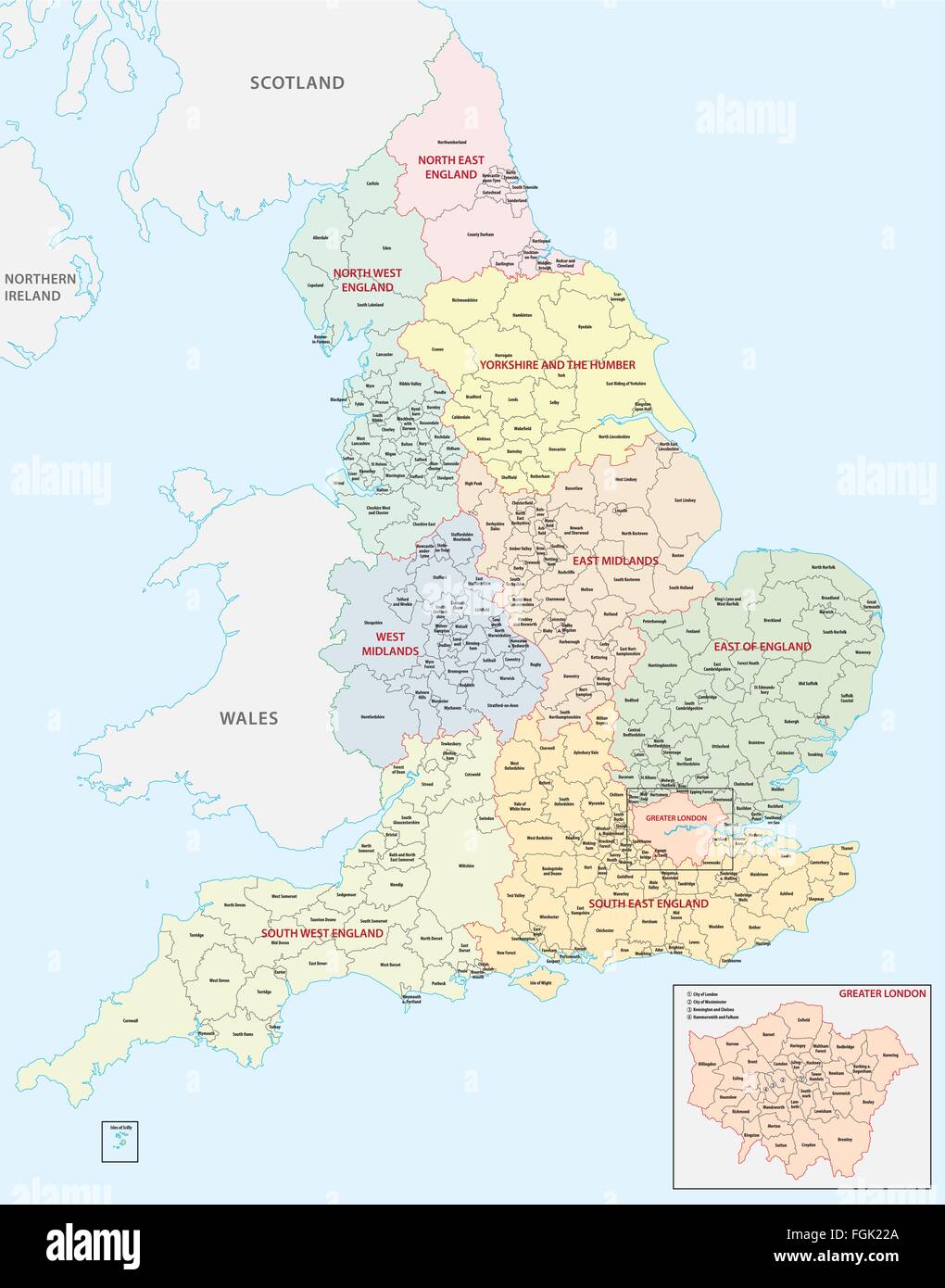 Inghilterra mappa amministrativa Illustrazione Vettoriale