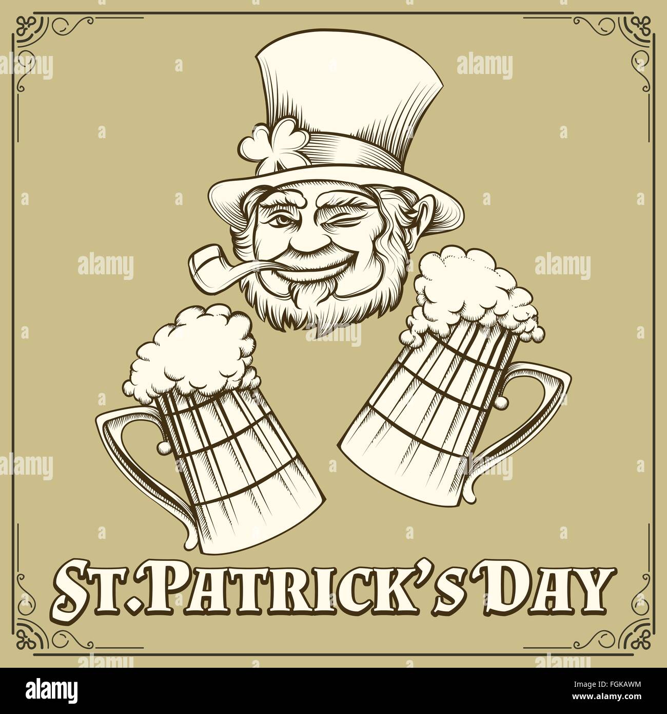 Leprechaun con tubo di fumo e due boccali di birra. San Patrizio emblema. Free font utilizzato. Isolato su bianco. Illustrazione Vettoriale