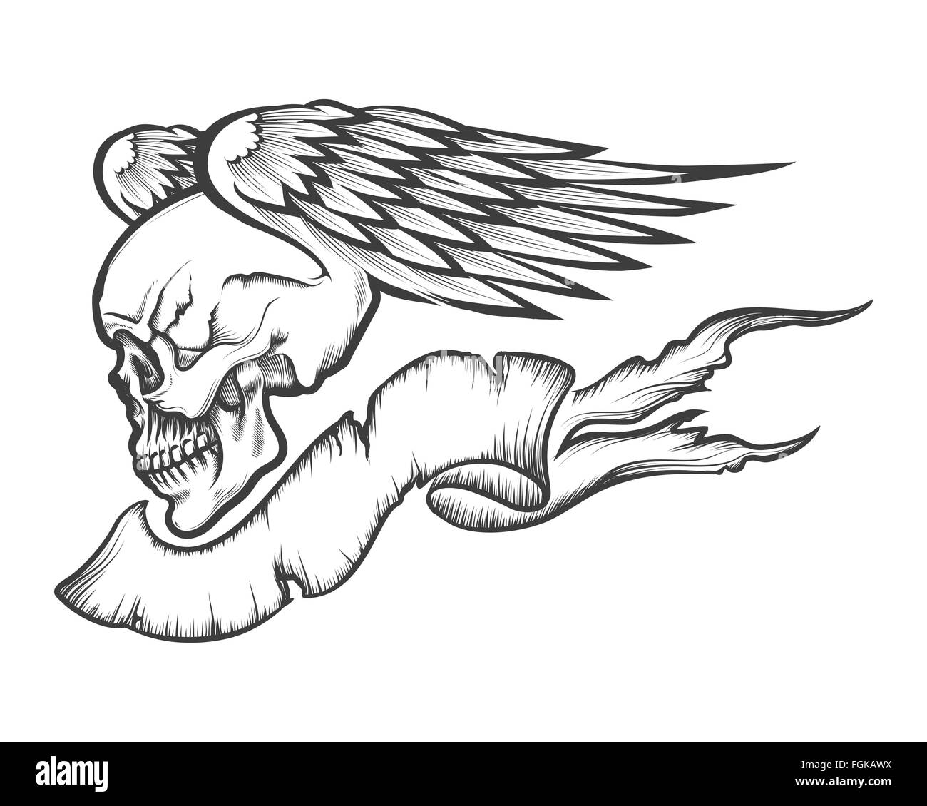 Winged teschio umano con banner disegnati in stile di incisione. Isolato su bianco. Illustrazione Vettoriale