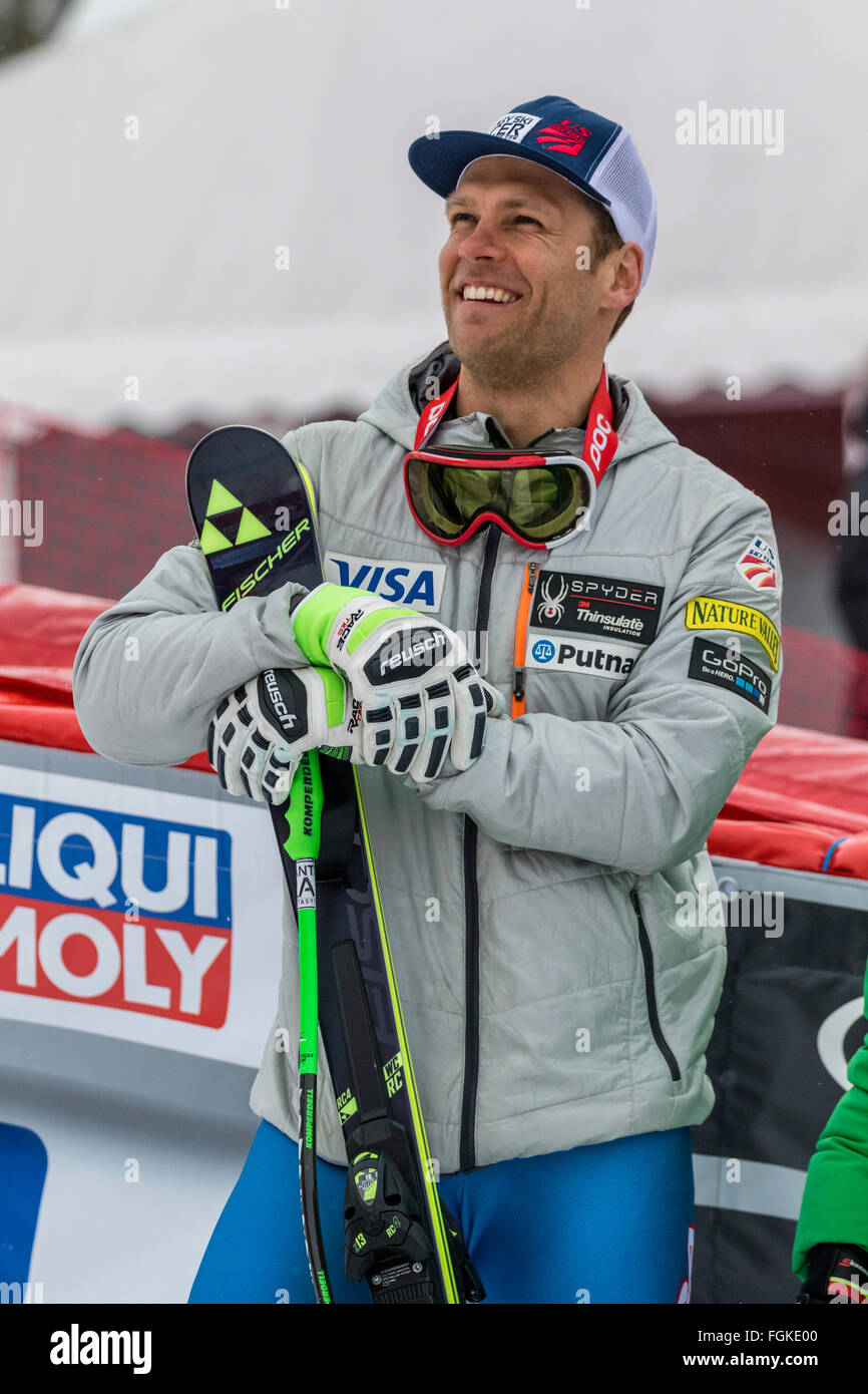 Chamonix, Francia. Xx Febbraio, 2016. Steven NYMAN USA ski team. La Audi FIS World Cup 9 uomini in discesa ha avuto luogo a Chamonix Francia con un "jour blanc " (cieli grigi e piatto leggero) e un po' di luce la neve. Il podio è stato - 1- PARIS Dominik (ITA) 1:58,38 2- NYMAN Steven (USA) 1:58.73 3- Beat FEUZ (SUI) 1:58.77 Audi FIS Coppa del Mondo di Sci 2015/16 Credito: Genyphyr Novak/Alamy Live News Foto Stock