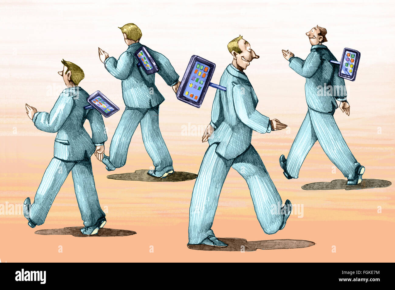 Gli uomini a piedi come degli automi controllato dal vostro telefono mobile Foto Stock