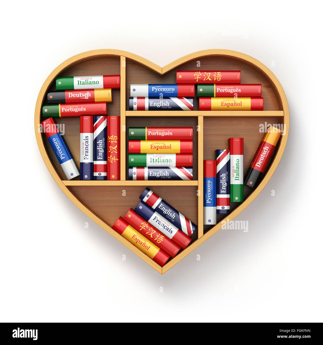 Scaffale con ictionaries in forma di cuore. Apprendimento del linguaggio concetto dello sfondo. 3d Foto Stock