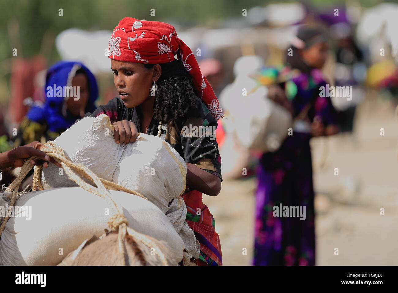SENBETE, ETIOPIA-marzo 24: Donna carichi i suoi acquisti su un dromedario-lei di lasciare il mercato domenicale di oromos-amharas-Afar si incontrano. Foto Stock