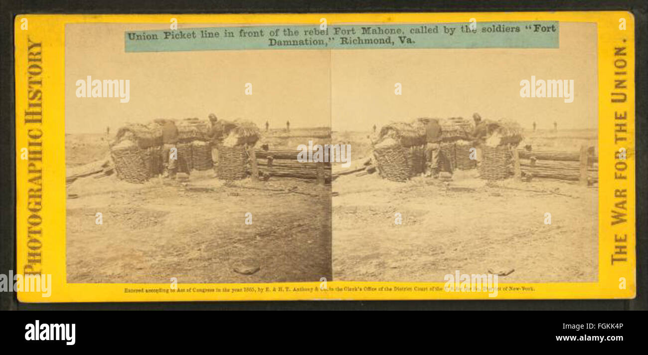 Unione picket linea di fronte il ribelle Fort Mahone, chiamato dai soldati Fort dannazione, Richmond, VA, da Robert N. Dennis raccolta di vista stereoscopica Foto Stock