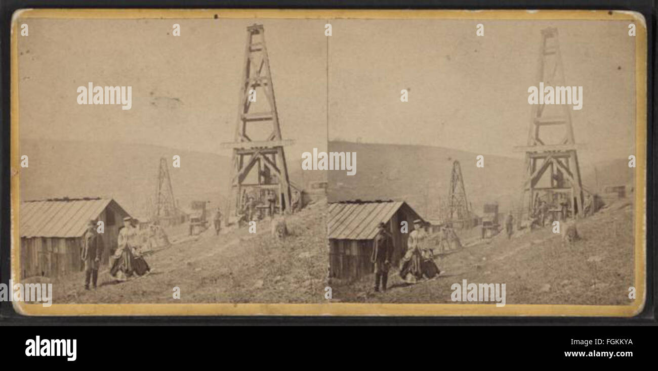 Una vista stereoscopica storica di Cummings and Co. A Cherry Run, Rouseville, Venango County, Pennsylvania, tratta dalla collezione Robert N. Dennis. La fotografia cattura una scena vintage del passato, mostrando il paesaggio e l'architettura della zona. Foto Stock