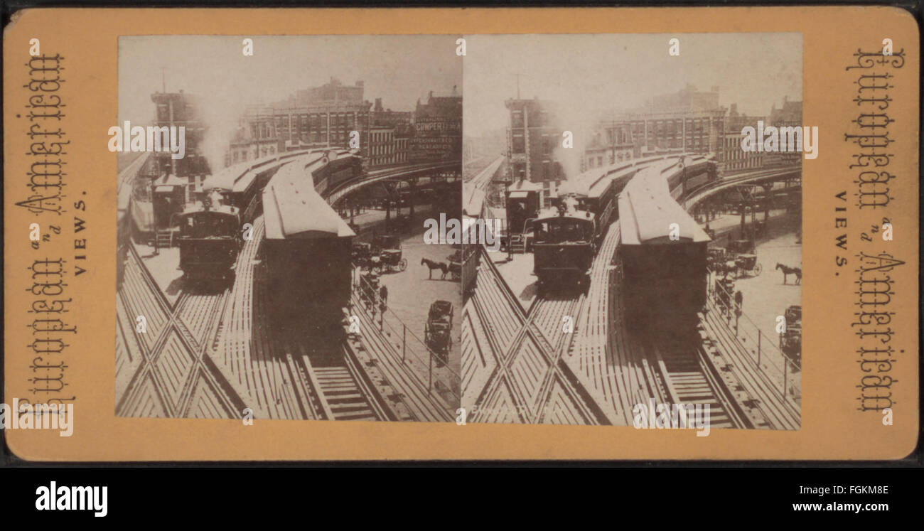 Vista della ferrovia sopraelevata con 2 treni, da Robert N. Dennis raccolta di vista stereoscopica Foto Stock