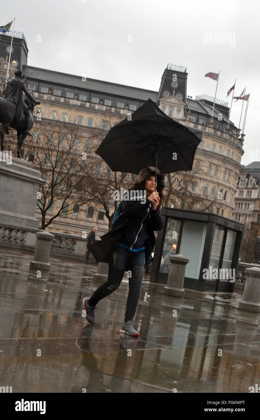 Londra, UK, 20 febbraio 2016, su Trafalgar Square. Il vento e la pioggia a Londra come mini onda di calore previsto. Credito: JOHNNY ARMSTEAD/Alamy Live News Foto Stock