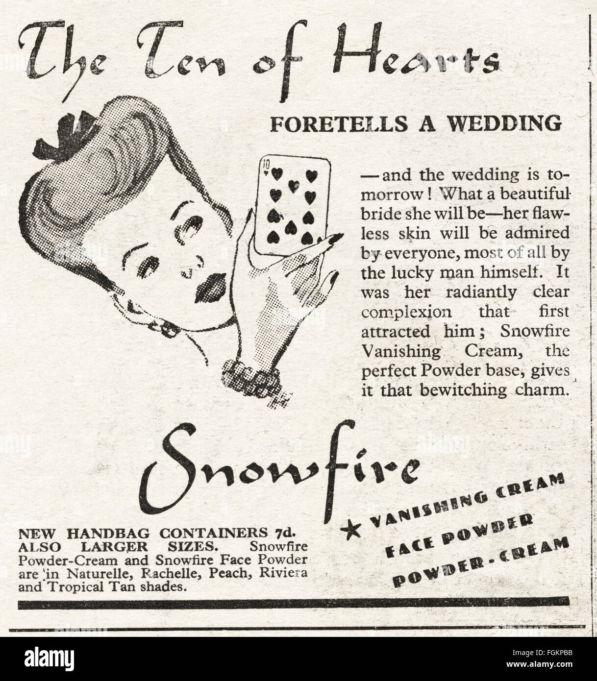 Vintage originale annuncio da 1940s. Annuncio datato 1947 Snowfire pubblicità dei cosmetici. Foto Stock