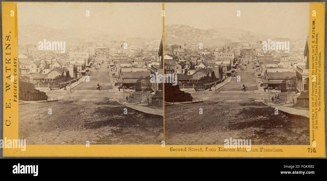 Questa foto storica di Carleton E. Watkins, tratta da Rincon Hill a San Francisco, mostra Second Street alla fine del XIX secolo, dando uno sguardo al primo sviluppo urbano e all'architettura della città. Foto Stock