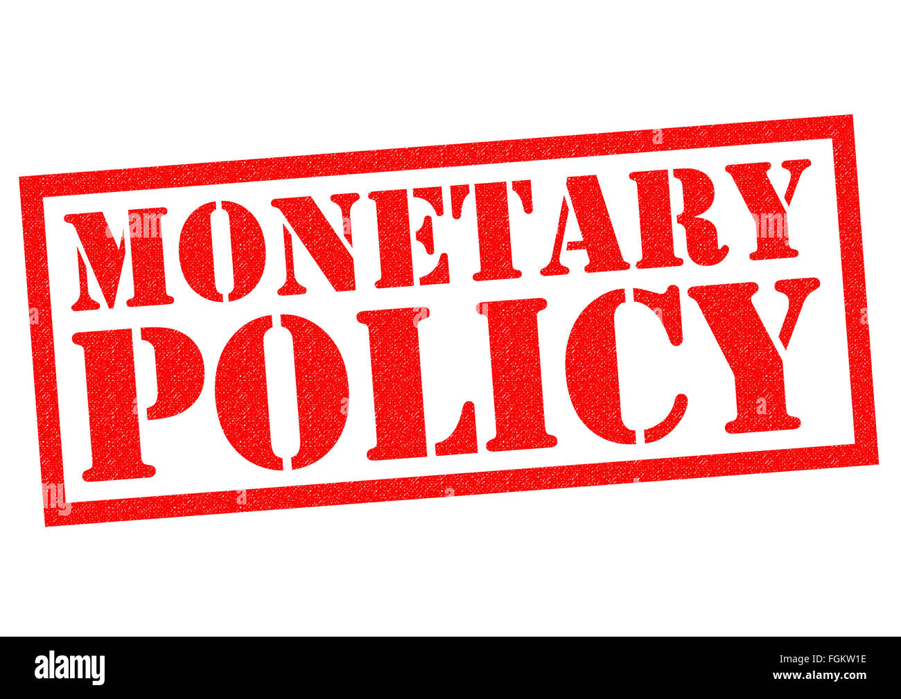 La politica monetaria rosso timbro di gomma su uno sfondo bianco. Foto Stock