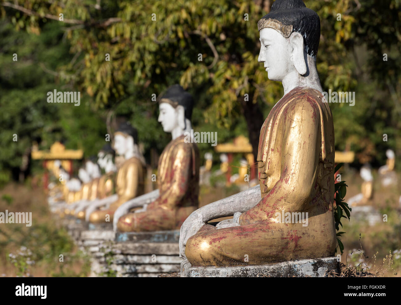 Statue di Buddha allineate in righe sotto il monte Zwegabin, di Hpa-an, Karen (Kayin) Stato, Birmania Foto Stock