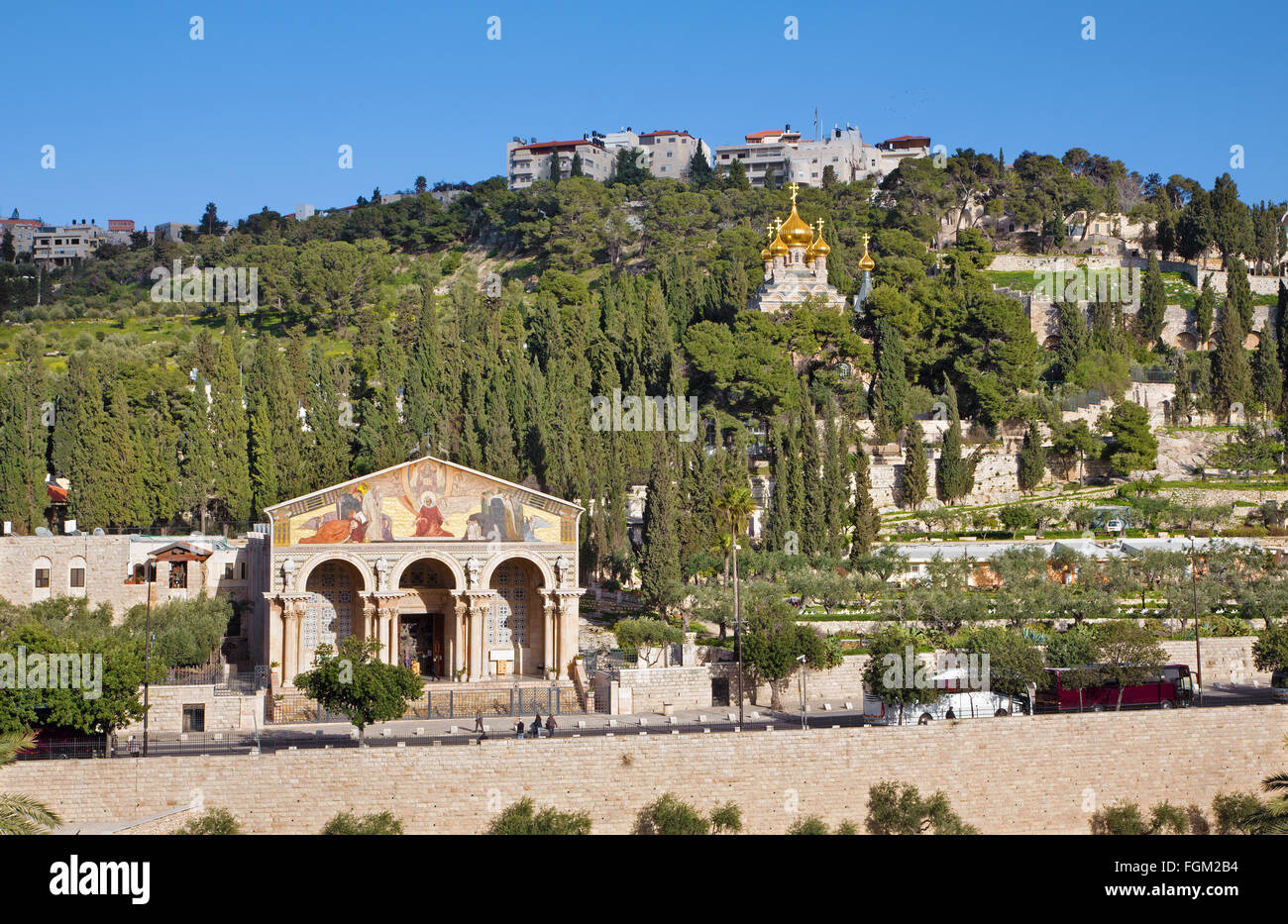 Gerusalemme, Israele - 3 Marzo 2015: Le chiese - Chiesa di tutte le nazioni, Dominus Flevit e la chiesa ortodossa russa Foto Stock