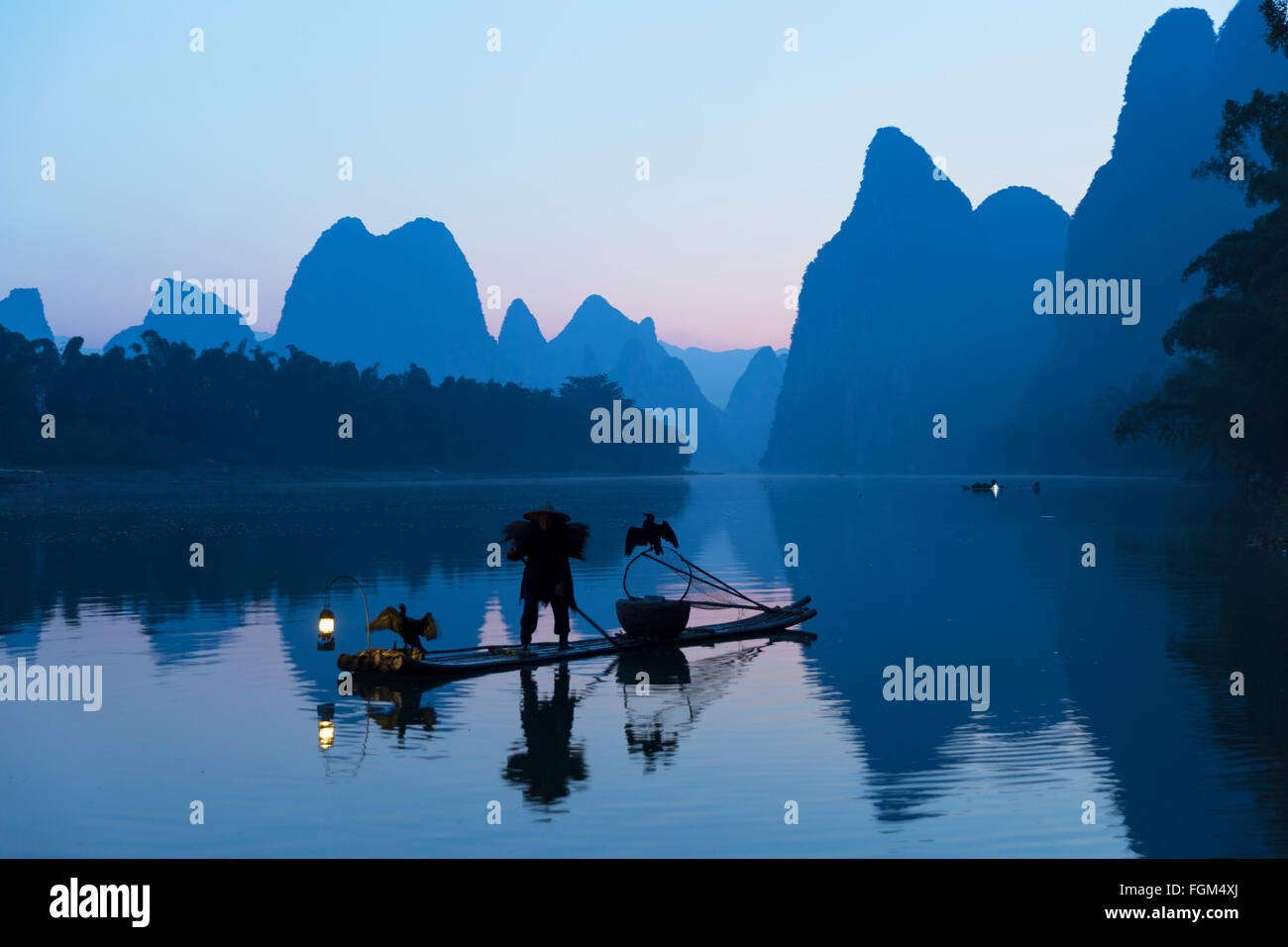 Cormorano Pescatore sul fiume Li all'alba, Xingping, Yangshuo, Guangxi, Cina Foto Stock