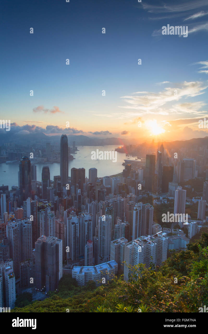 Vista dell'Isola di Hong Kong skyline all'alba, Hong Kong, Cina Foto Stock