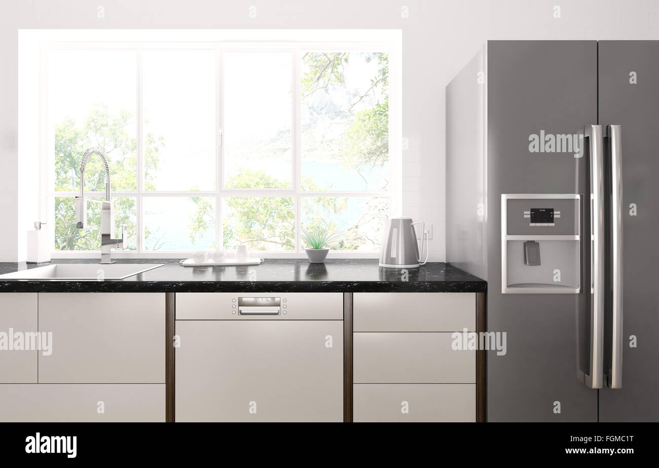Interno della cucina moderna con granito nero del contatore, frigorifero 3D render Foto Stock