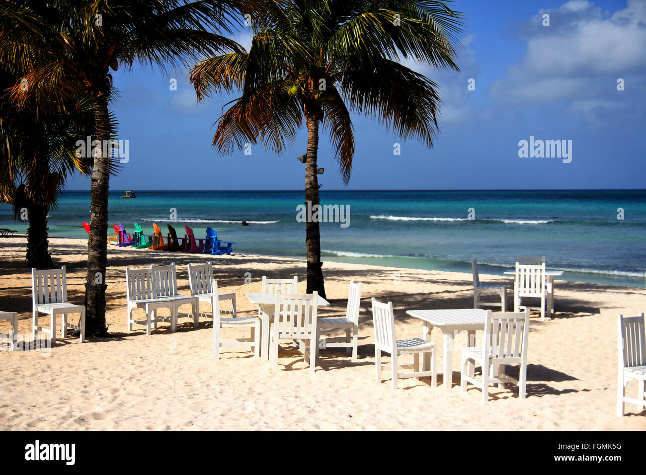 Aruba Beach con posti a sedere e palme Foto Stock