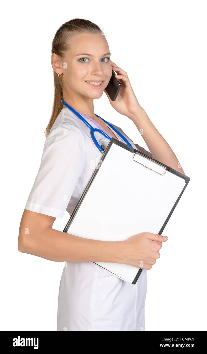 Medical call center concetto - donna con telefono isolato su bianco Foto Stock