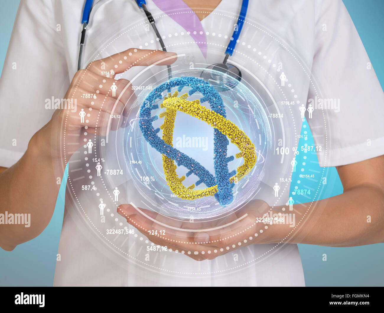 La scienza del DNA con sfondo scienziato persona premendo il dito su uno schermo virtuale Foto Stock