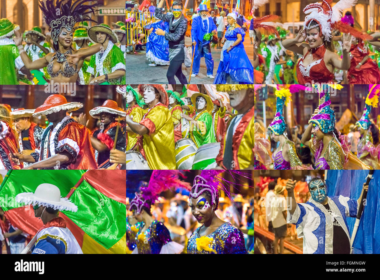 MONTEVIDEO, Uruguay, Gennaio - 2016 - stile griglia set fotografico raccolta di foto tenendo al 2016 sfilata inaugurale del carnevale Foto Stock