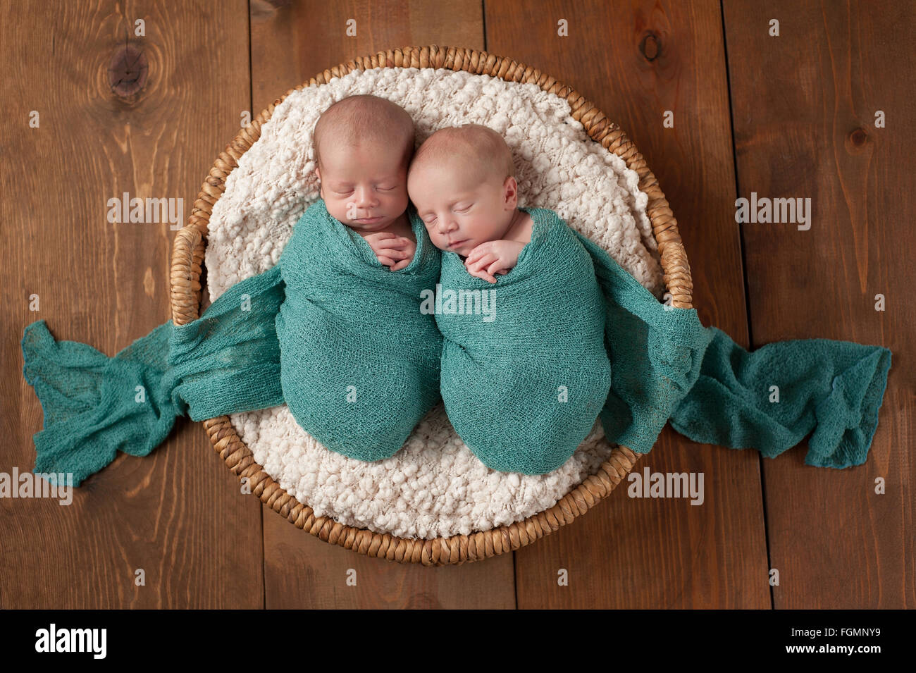 Twin Baby Boys dormire in un cestello Foto Stock