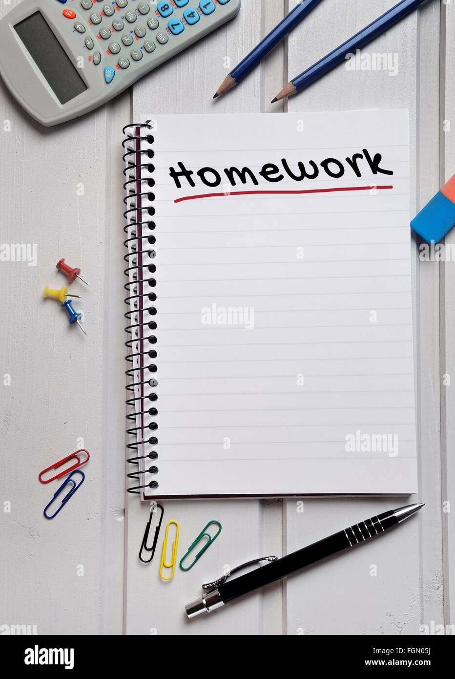 Compiti parola sulla pagina del notebook Foto Stock