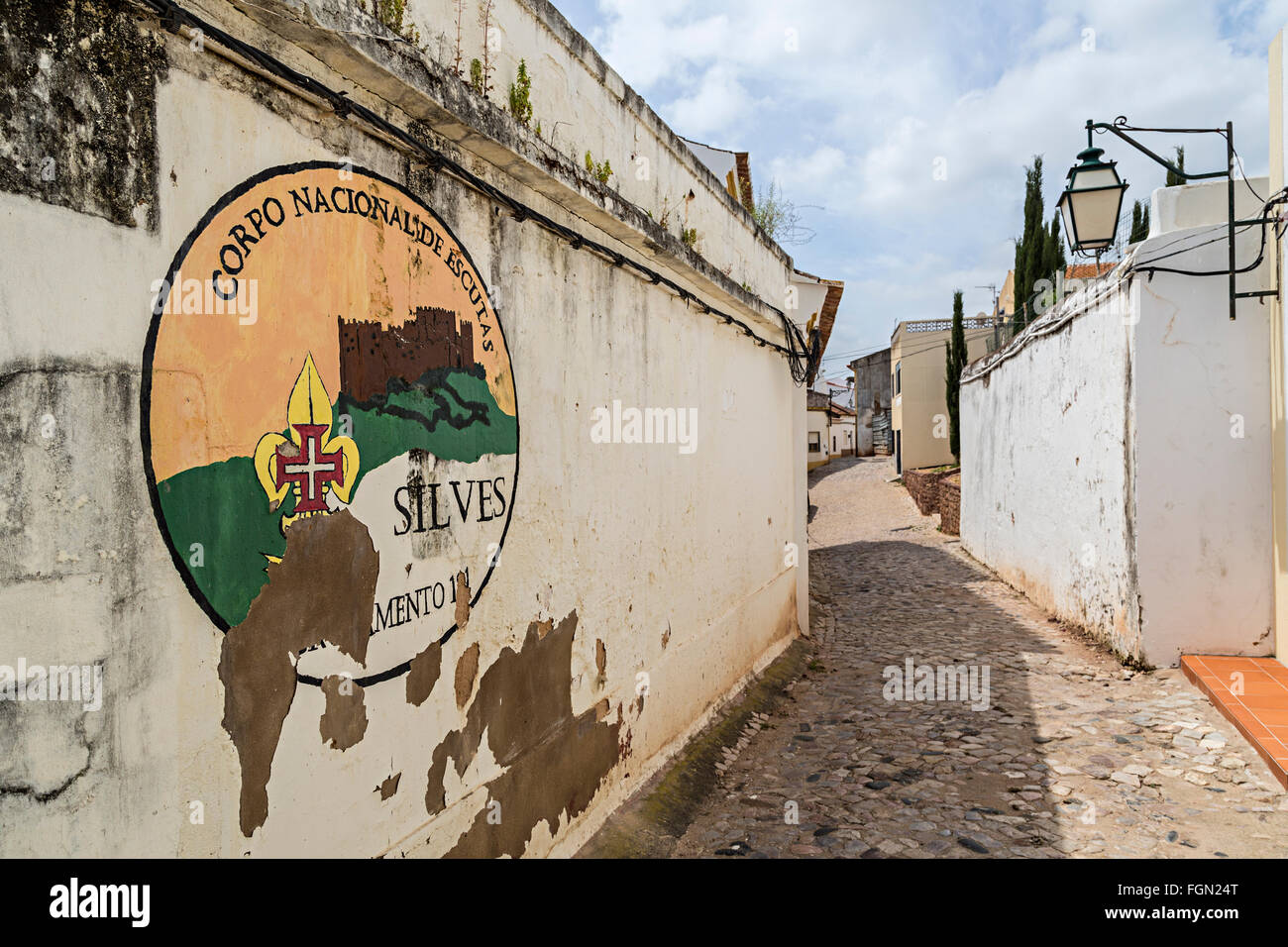 Città segno sulla parete, Silves, Algarve, PORTOGALLO Foto Stock