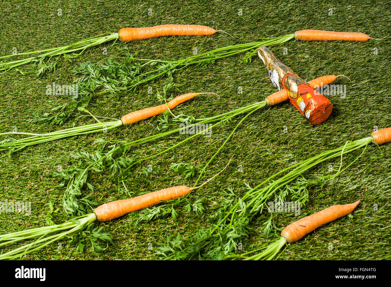 coniglietto pasquale al cioccolato pugnalato con una carota Foto Stock