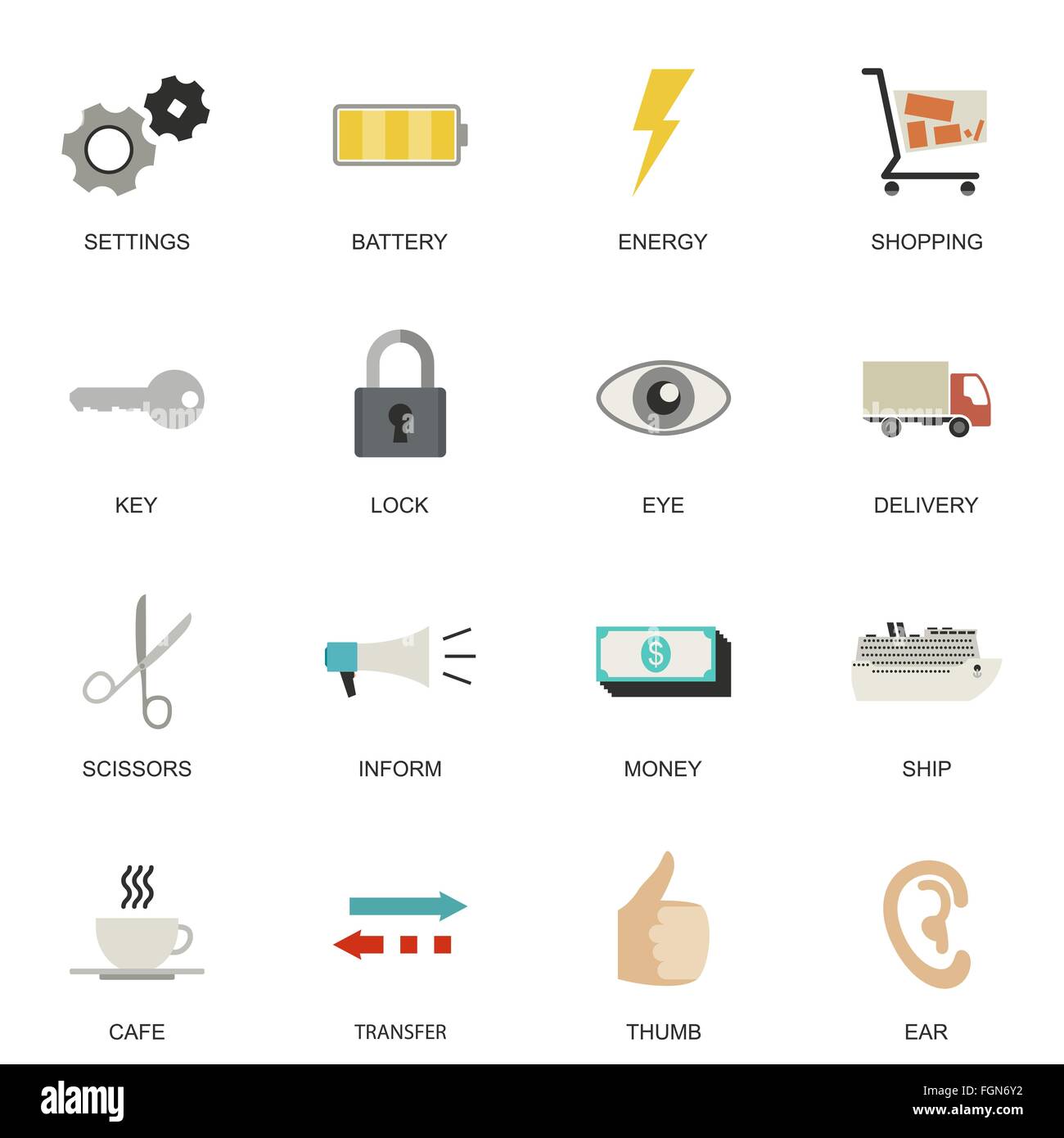 Set di piatto universale icone. Illustrazione Vettoriale