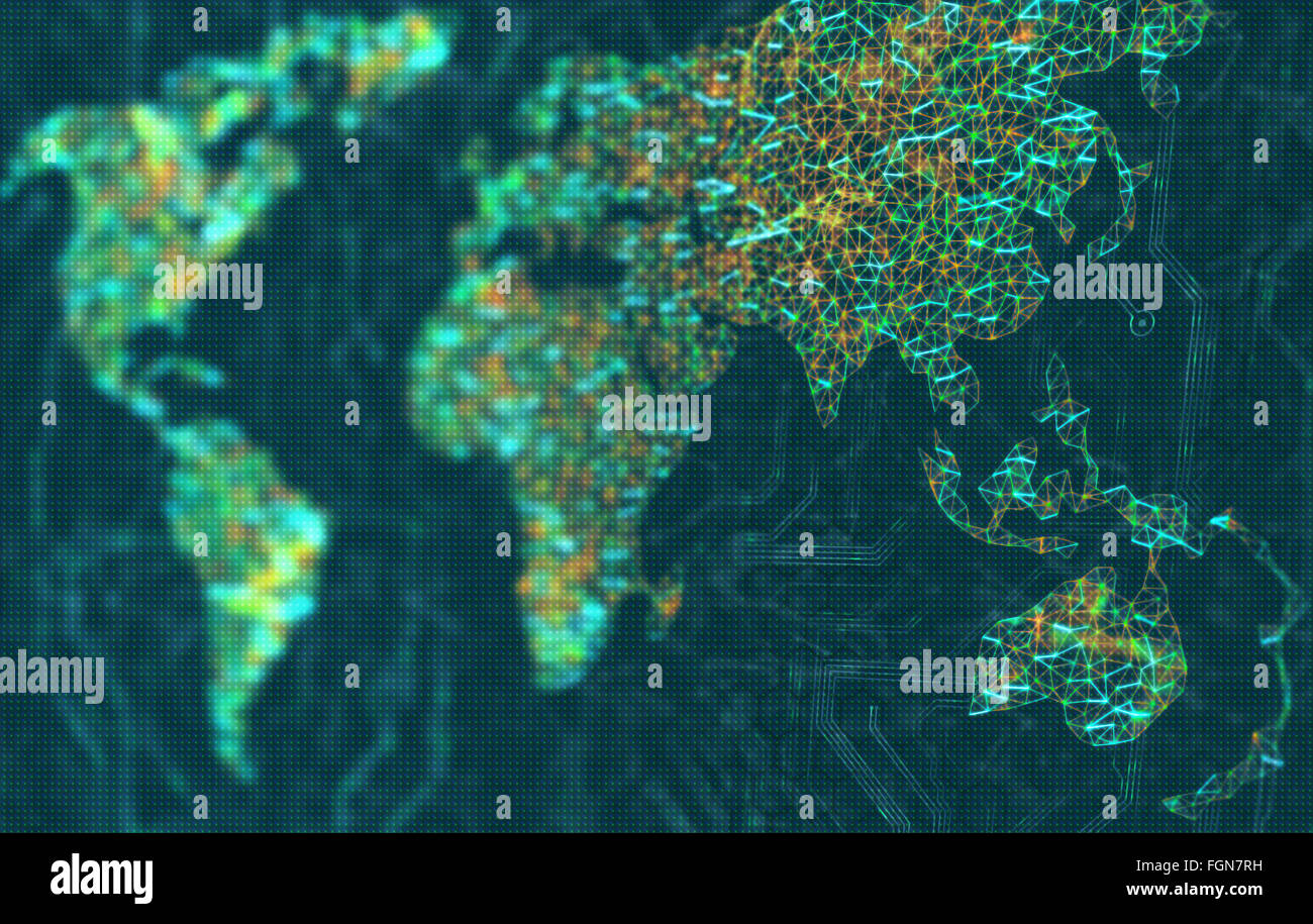 La mappa del mondo rappresentato da illuminato connessioni digitali. Immagine 3D con la profondità di campo su uno schermo a LED. Foto Stock