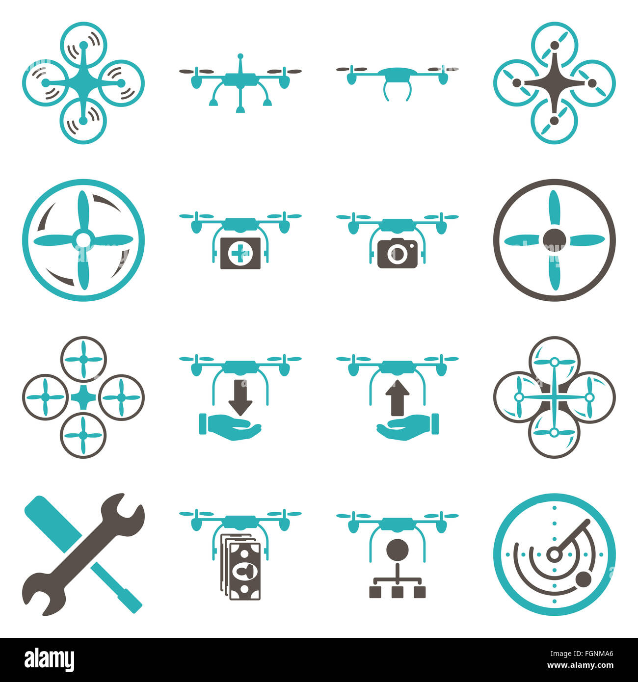 Flying drone flat bicolor icone Foto Stock