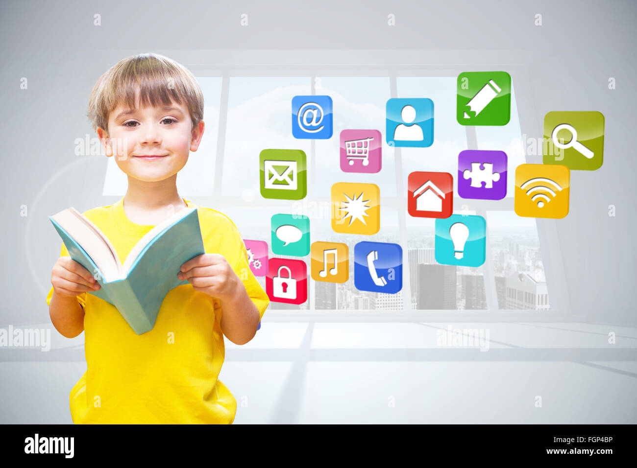 Immagine composita di felice pupillo con libro Foto Stock