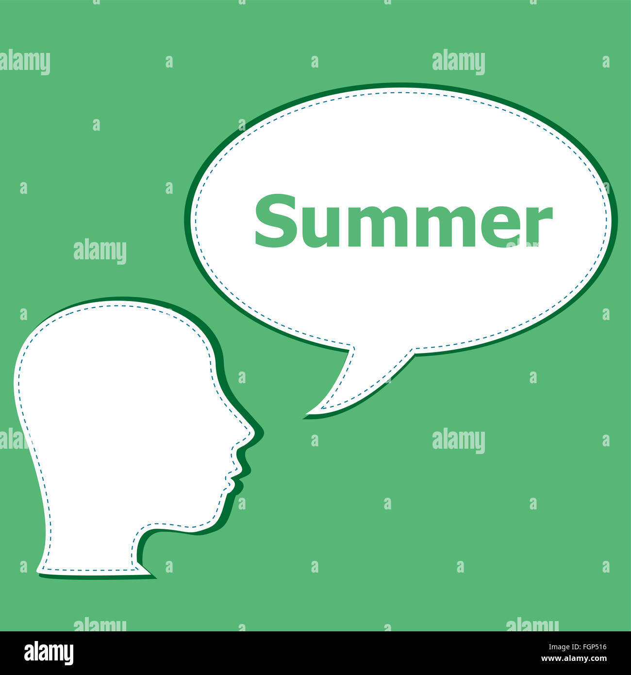 Discorso bolla con testa di uomo silhouette, estate parola su di esso Foto Stock