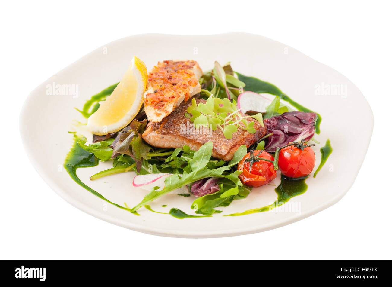 Stile moderno e pulito e il cibo, salmone alla griglia con toast e insalata condita con salsa verde isolato su sfondo bianco con il ritaglio Foto Stock