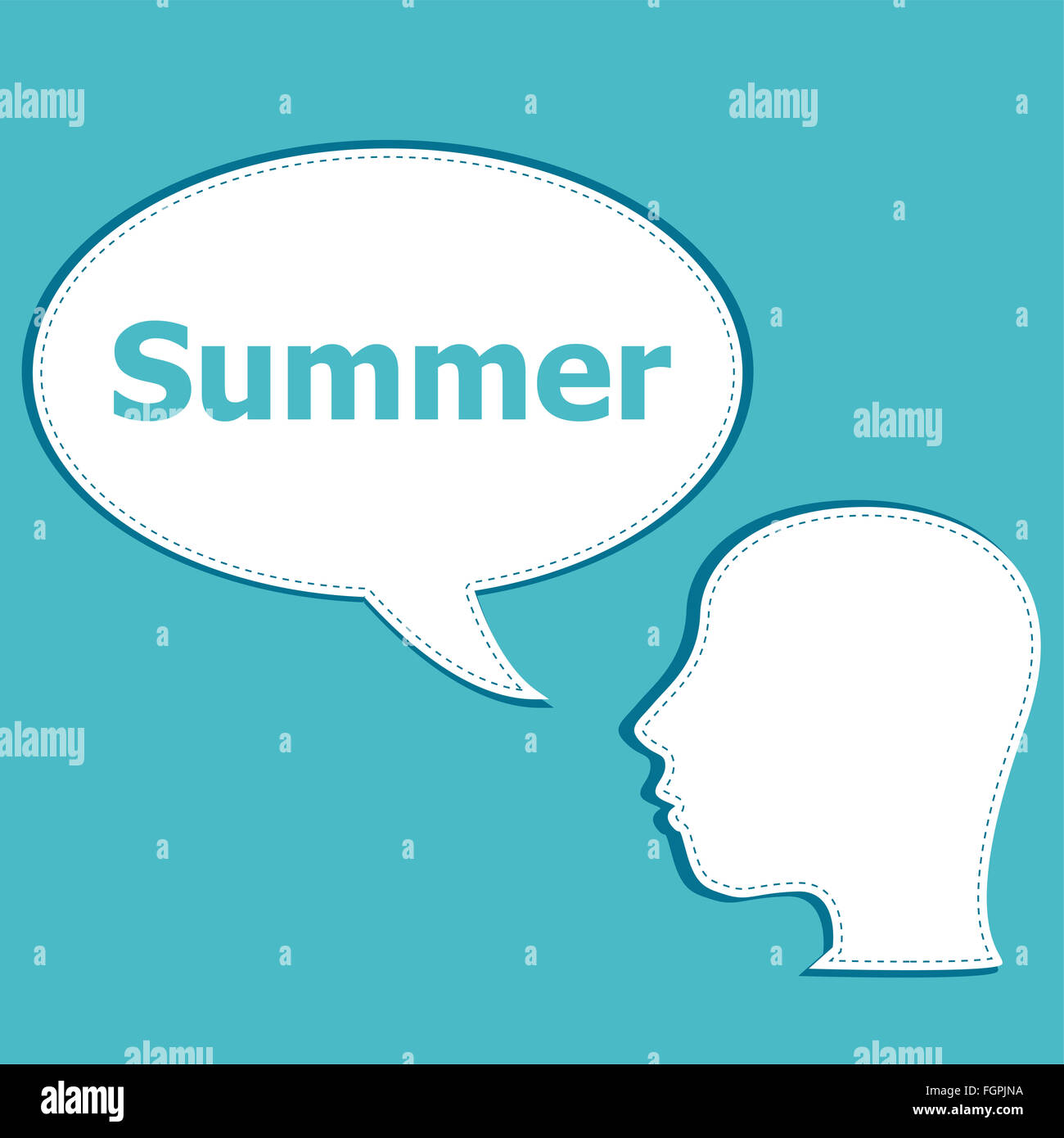 Discorso bolla con testa di uomo silhouette, estate parola su di esso Foto Stock