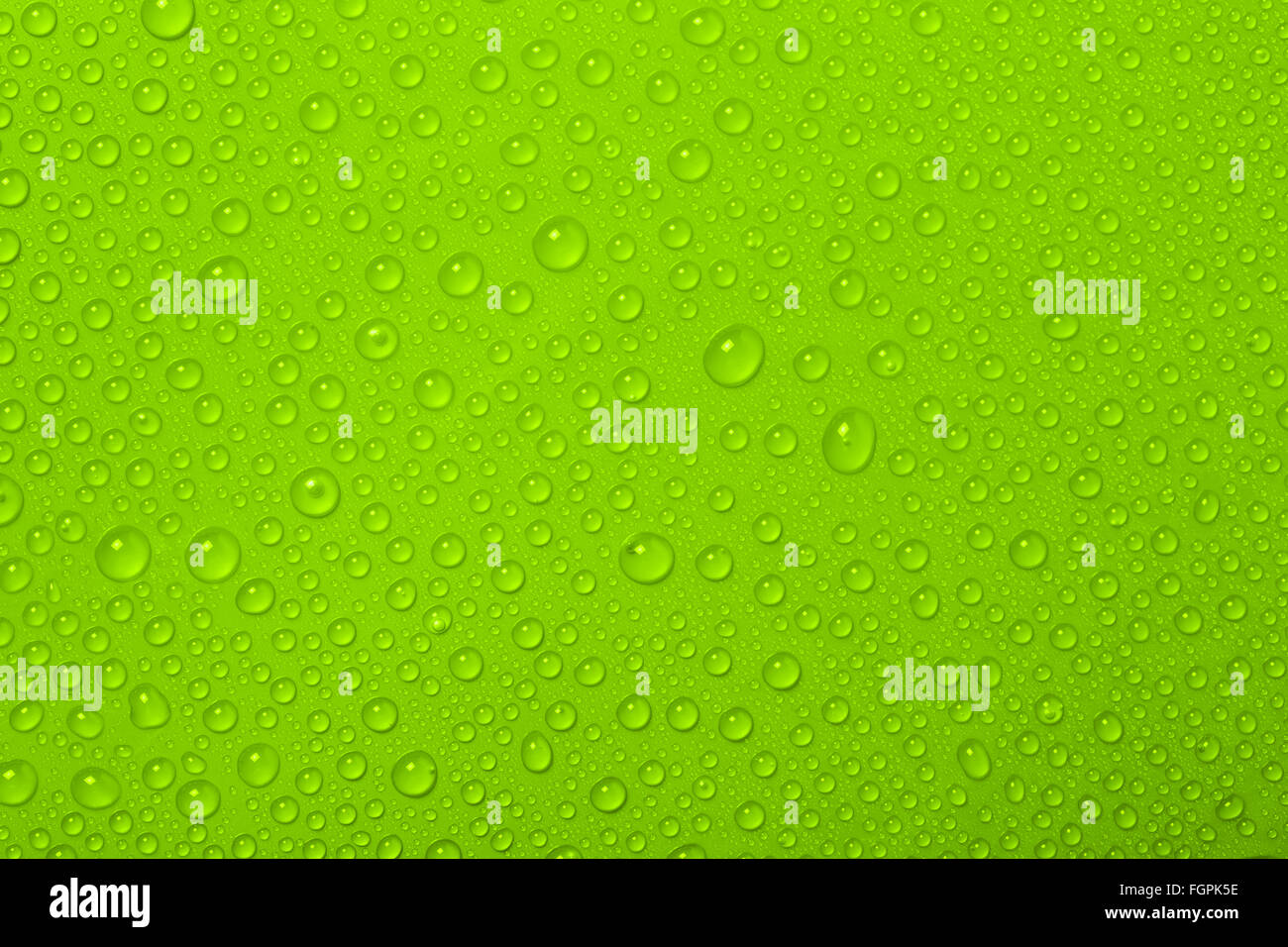 Gocce di acqua su sfondo verde Foto Stock