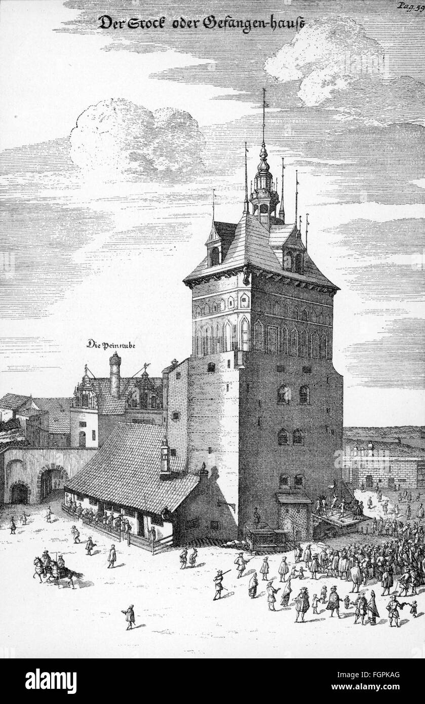 giustizia, sistema penitenziario, ancoraggio pubblico, Danzica, fine XVI secolo, su: 'Der Stadt Danzig historische Beschreibung', 1686, diritti aggiuntivi-clearences-non disponibile Foto Stock