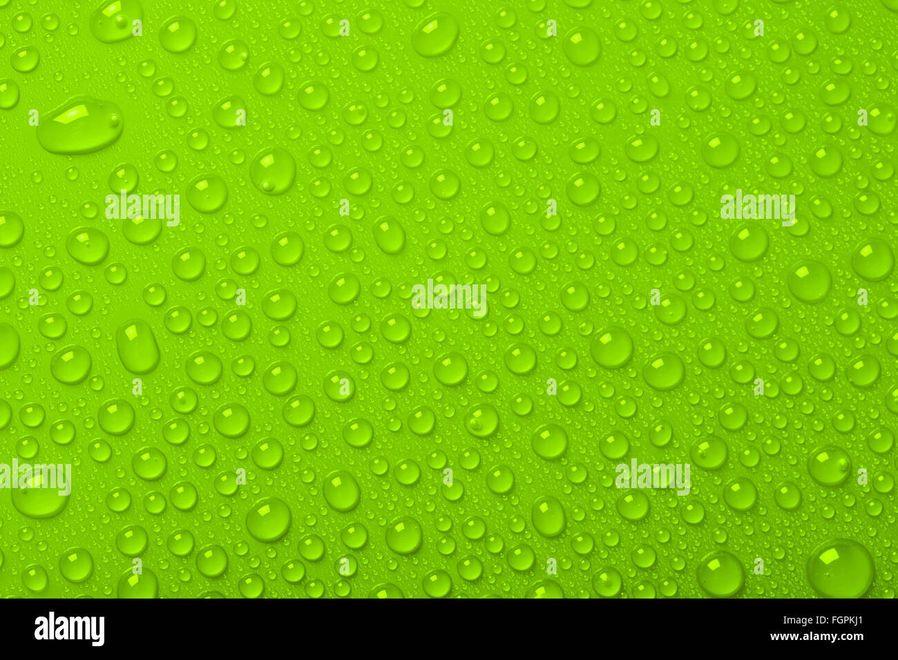 Gocce di acqua su sfondo verde Foto Stock